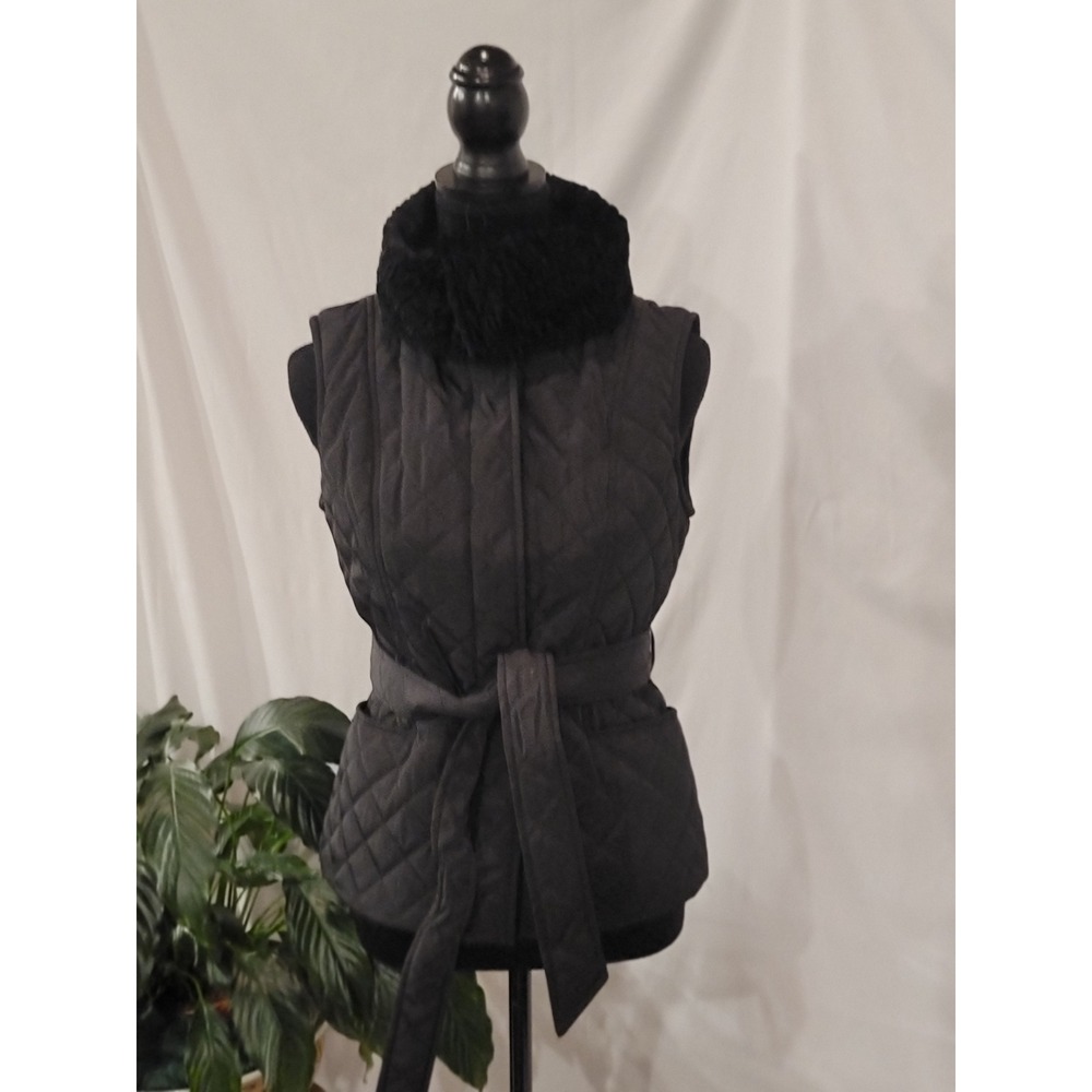 Bushwacker Black Quilted Puffer Vest Faux Fur Collar Pink Lining Belted Womens 8